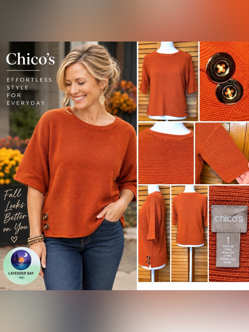 Chico’s Rust Orange Knit Top with Side Buttons Size Medium